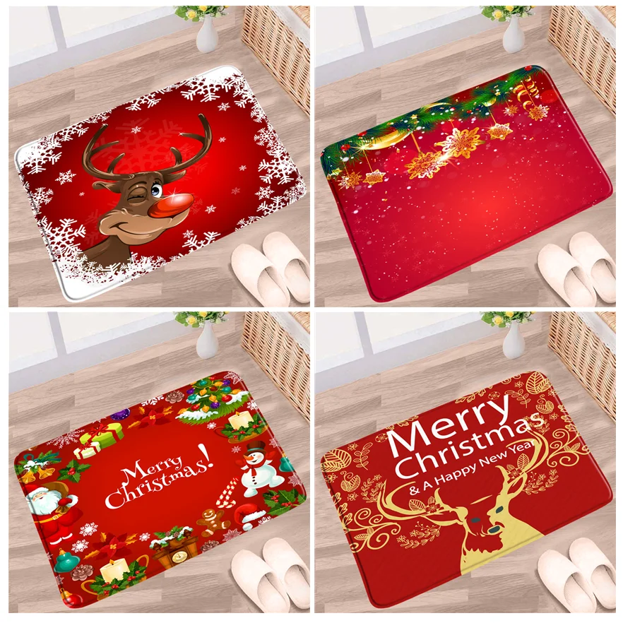 

Christmas Bathroom Mat Elk Santa Claus Happy New Year Red Background Non-slip Rugs Flannel Home Bath Kitchen doorway Carpet