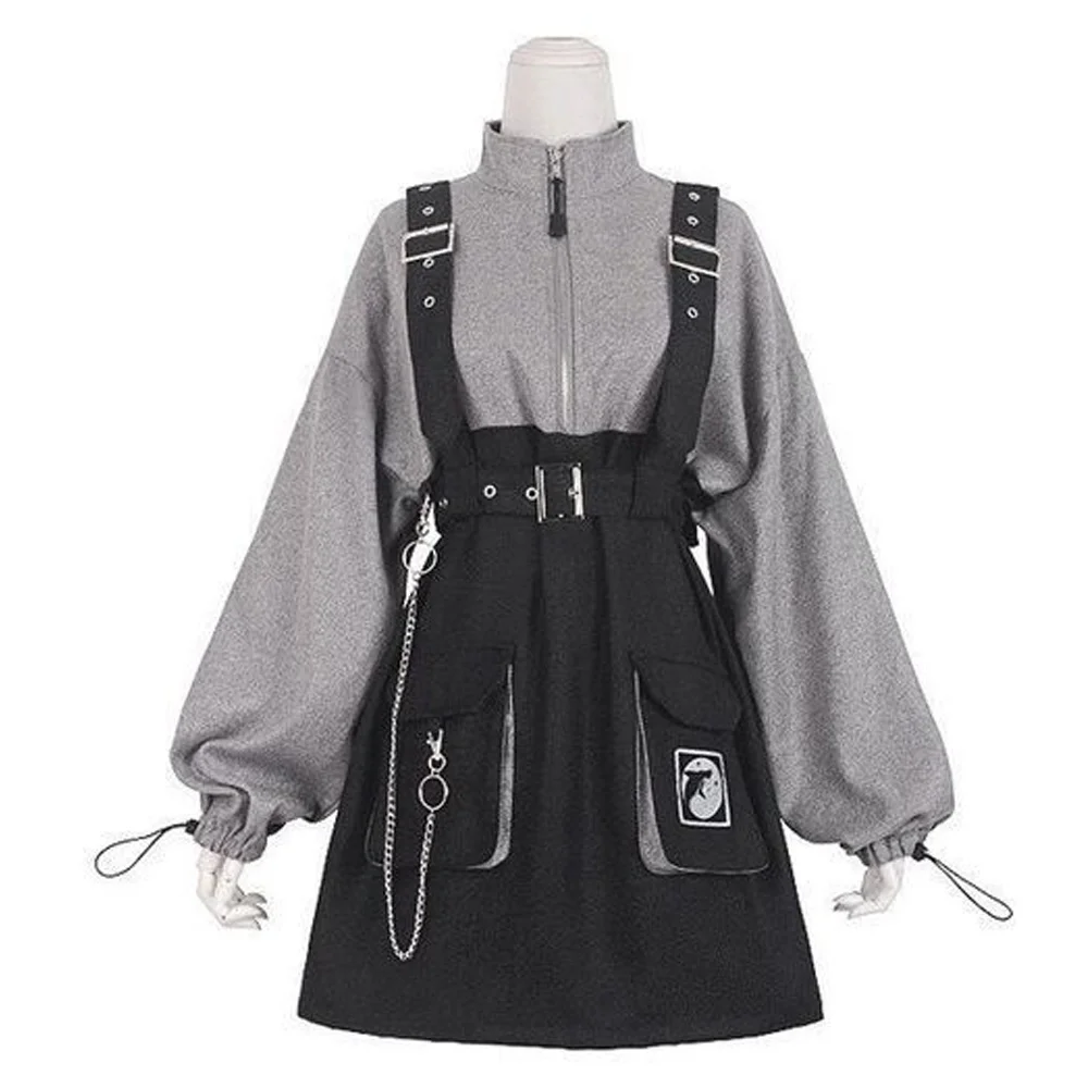 

2021 Retro Vintage Women Gothic Girls Punk Mini Dress High Waist Long Sleeve Hat Collar Sexy Gry Black Lolita Plus Size Jurken