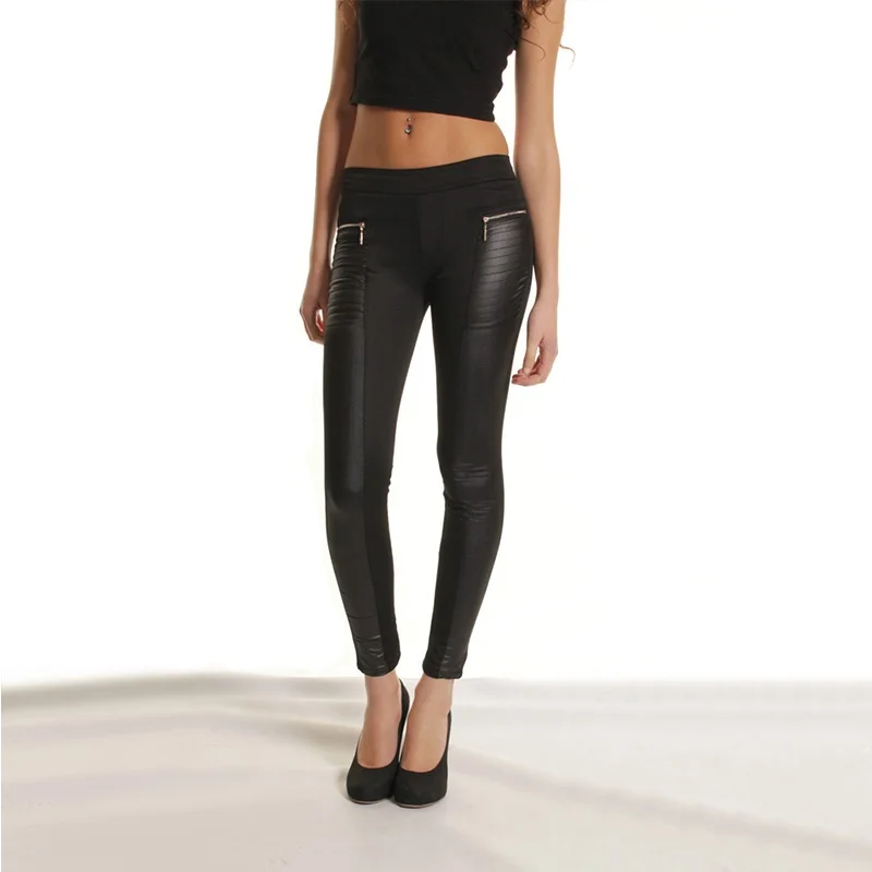

Hot Fashion Leather Style Pant for Women Skinny Base Leggings Fashion Women Solid Patchwork Pants