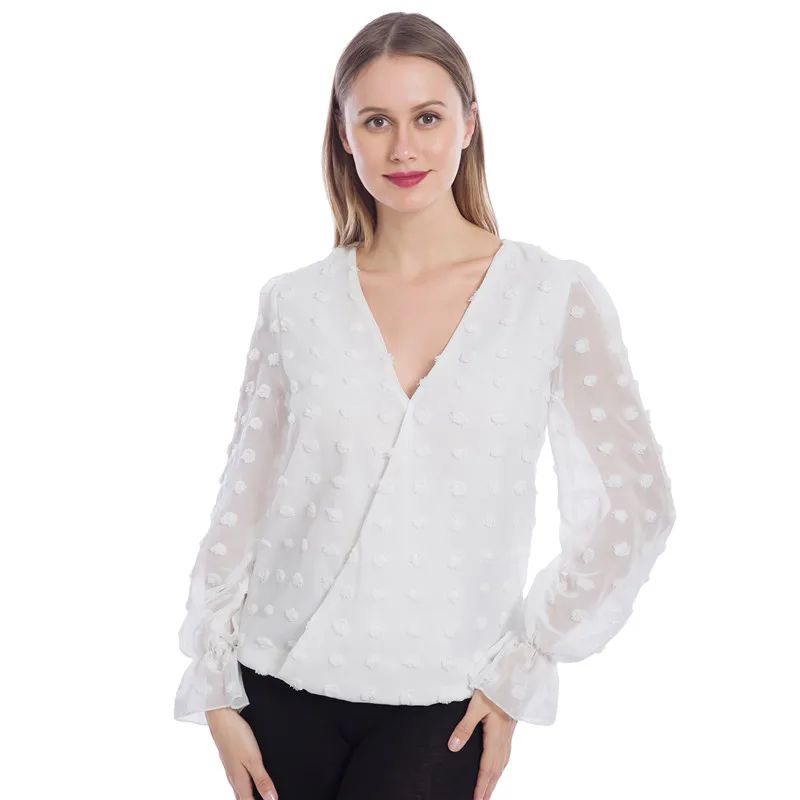 

Модный женский топ с глубоким V-образным вырезом, белая жаккардовая рубашка, Женская шикарная рубашка с длинным рукавом, пикантные однотонные сетчатые блузки в горошек
