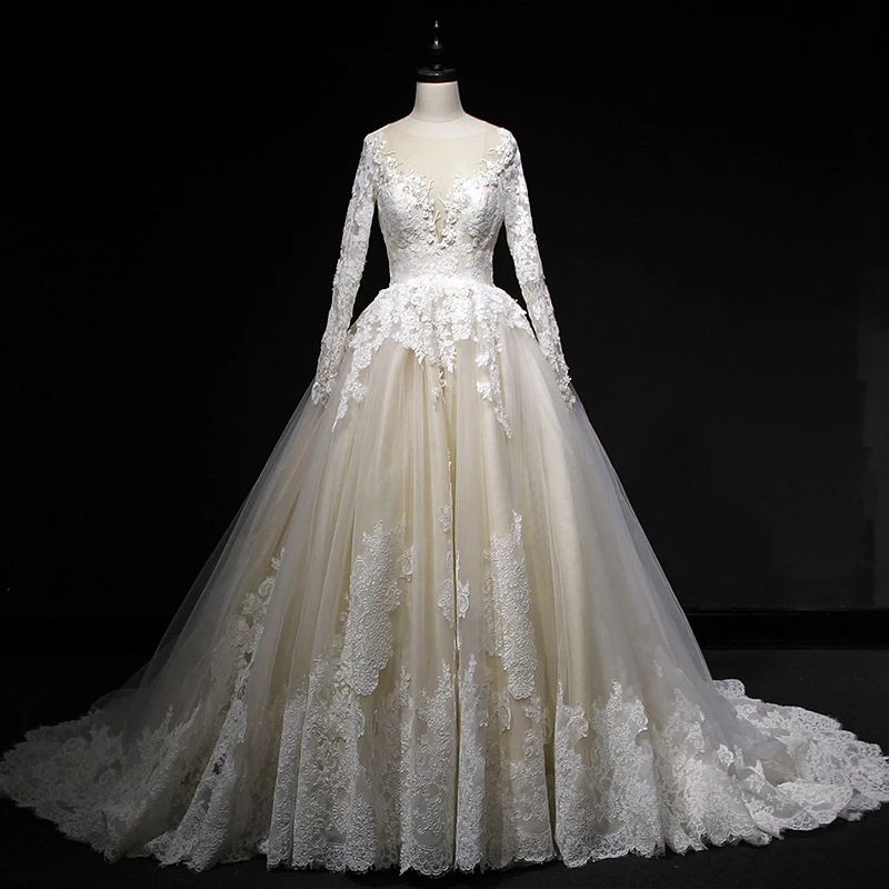

High-End Chapel Train Full Sleeve Backless Bridal Ball Gown Custom Made Embroidery Appliques Tulle Illusion O-Neck Wedding Dress