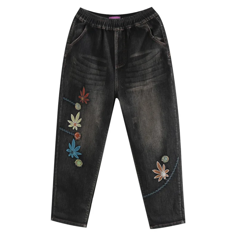 

H6003 High Waist Women Dark Jeans Flower Embroidery Vintage Washed Distressed Casual Mom Harem Denim Pants Female Cowboy Clothes