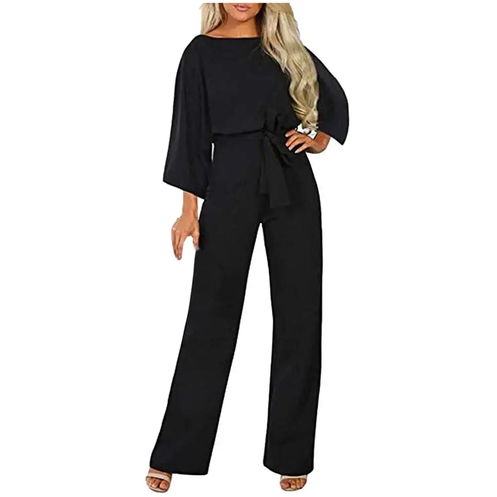 Женский комбинезон с поясом однотонный повседневный круглым вырезом и длинным