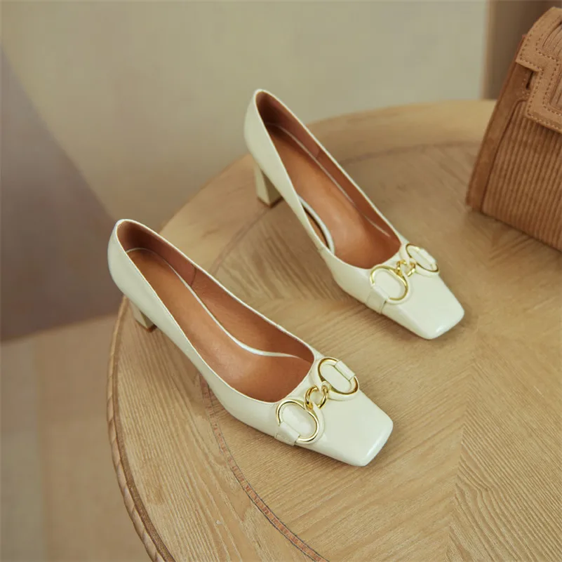 

Meotina High Heel Pumps Genuine Leather Chunky Heels Shoes Women Metal Decoration Square Toe Shoes Slip On Footwear Ladies 40