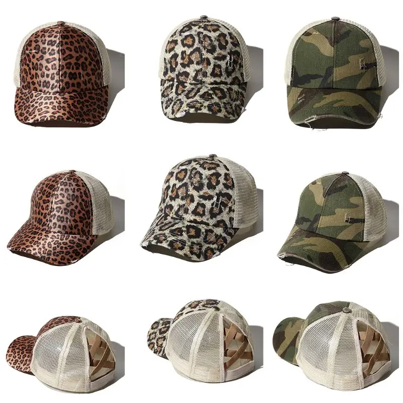 

2021 Women Distressed Washed Mesh Back Baseball Cap Leopard Camo Print Hollow Criss Cross Band Ponytail Messy Bun Trucker Hat