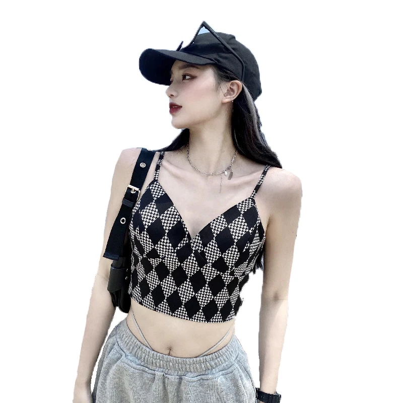 2021 New Black Argyle Plaid y2k Kawaii Camisole Women Harajuku Vintage Spaghetti Strap Milkmaid Sexy Crop Top Corset Summer 90s
