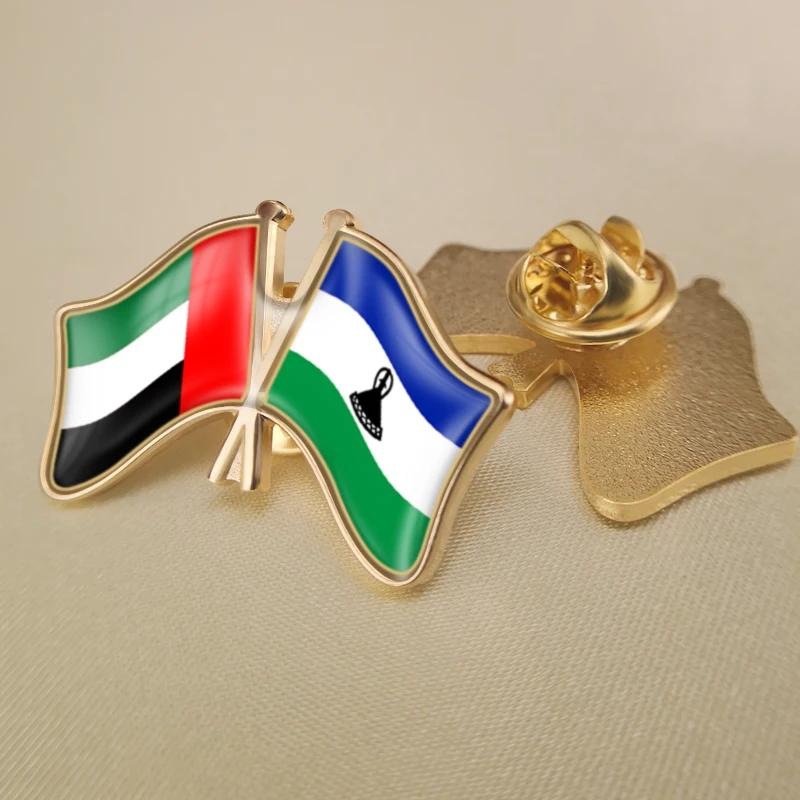 

United Arab Emirates and Lesotho Crossed Double Friendship Flags Lapel Pins Brooch Badges