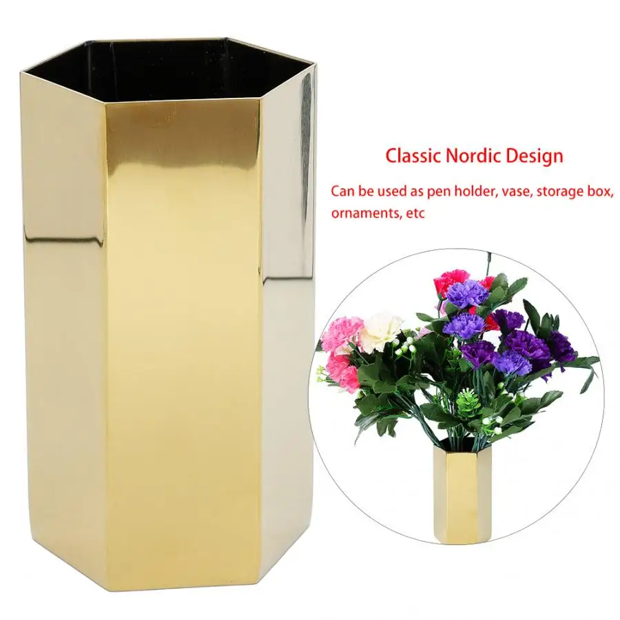 Six-sided Multi-function Pen Holder Stainless Steel Flower Vase Desktop Brush Container |