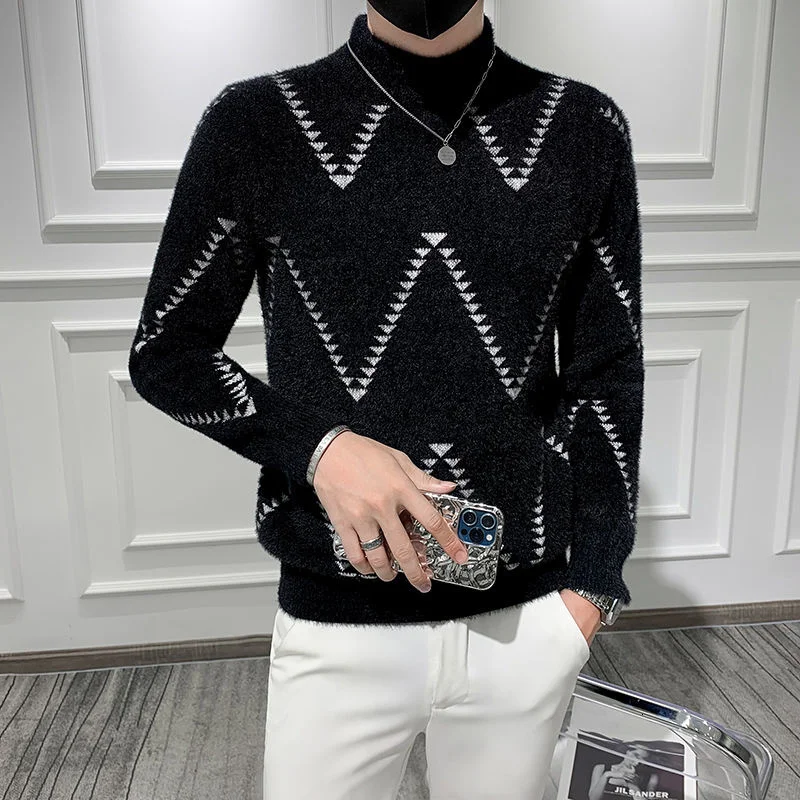 

Sweater Men Pullover Half High Neck Knitted Sweater Herren Pullover Winter Fashion Geometry Pattern Pull Homme Sweater For Men