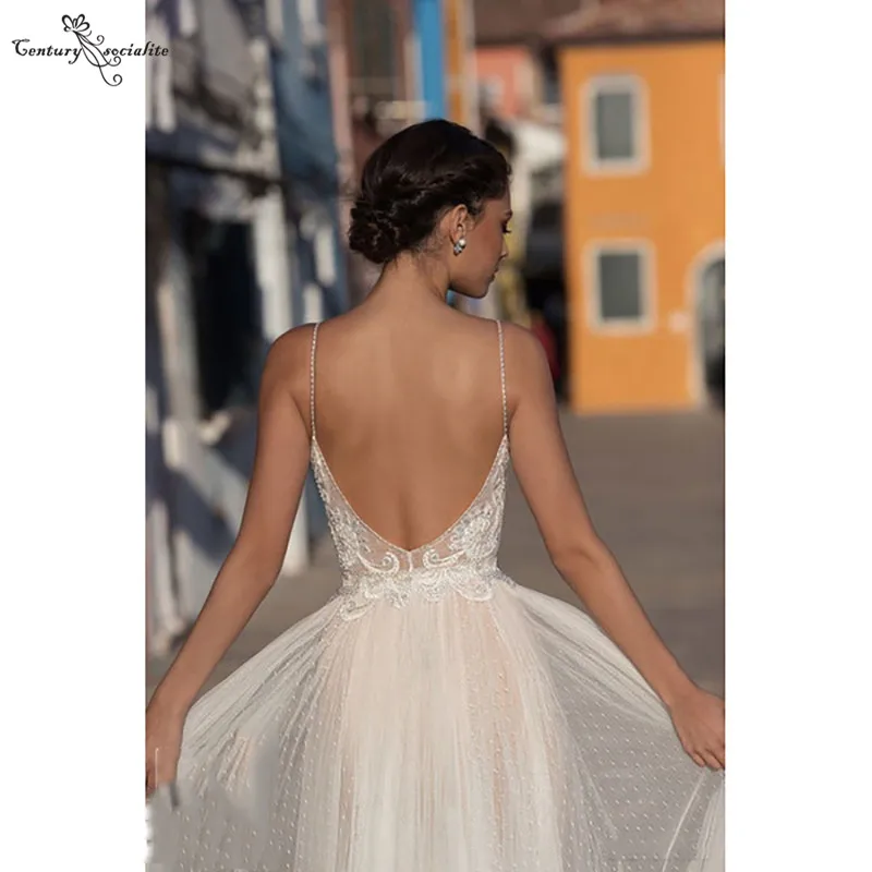 

Vestido De Noiva Beach Wedding Dresses for Women 2020 Spaghetti Straps Backless Lace Beaded Bridal Gowns Robe De Mariee
