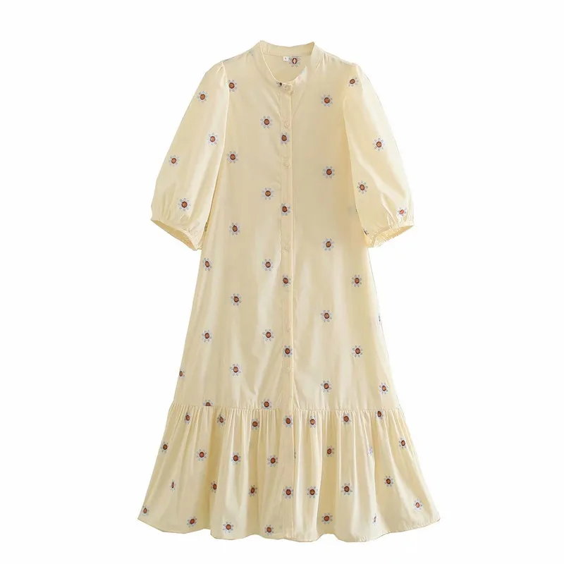 

DOUJILI Sweet Dress Flower Printing Half Sleeve Long Beautiful Round Neck Puff Sleeve Long Elegant Dress For Lady