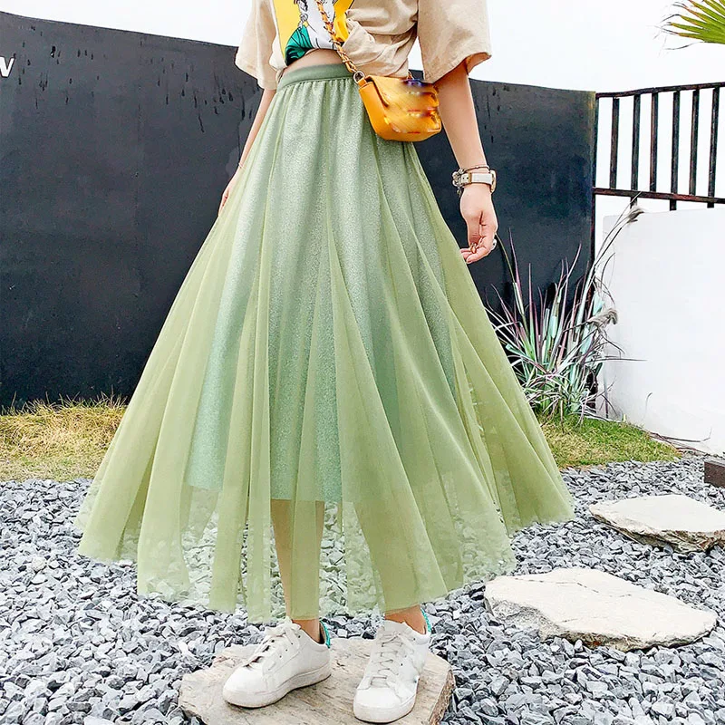 Юбка-миди из фатина OHRYIYIE зеленая с градиентным цветом высокой талией весна-осень