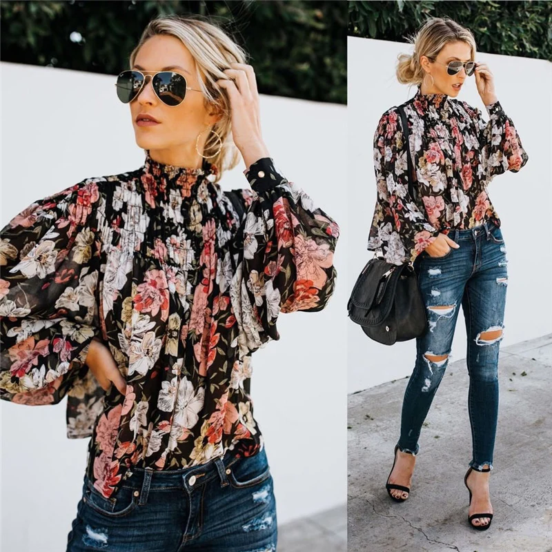 Модный с цветком с пышными рукавами блузки для женщин Boho шифоновая блузка офисные женские шорты с цветочным принтом Женская туника блуза-рубашка