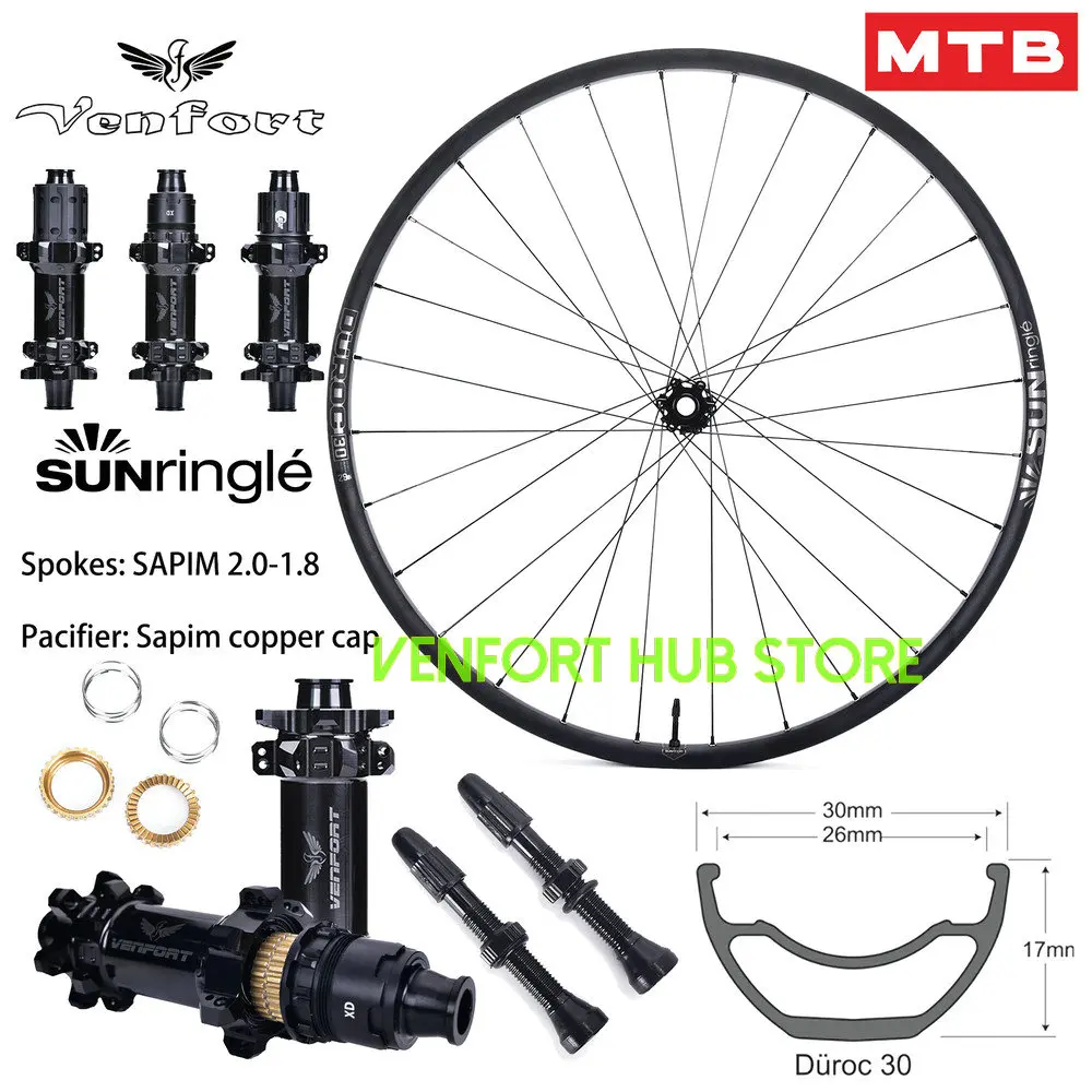 VENFORT MTB 29er Wheelset 29inch Sun Ringle Duroc 30 Tubeless rim with M350 Star Ratsche 28H Straightpull hub 135/142/148 Boost