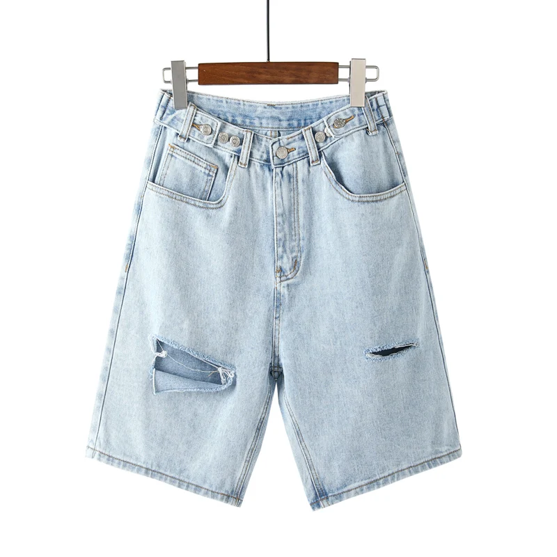 Винтажные синие джинсовые шорты женские свободные рваные джинсы с высокой