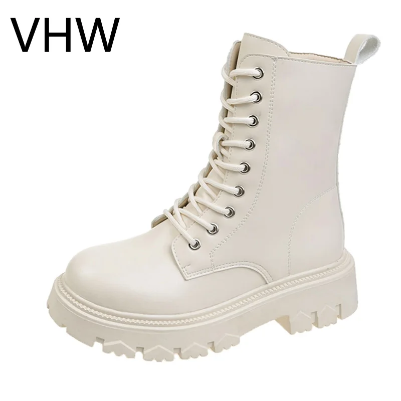 

New Beige PU Leather Ankle Boots Women 2021 Winter Autumn Thick Bottom Punk Shoes Female Short Platform Gothic Combat Boot