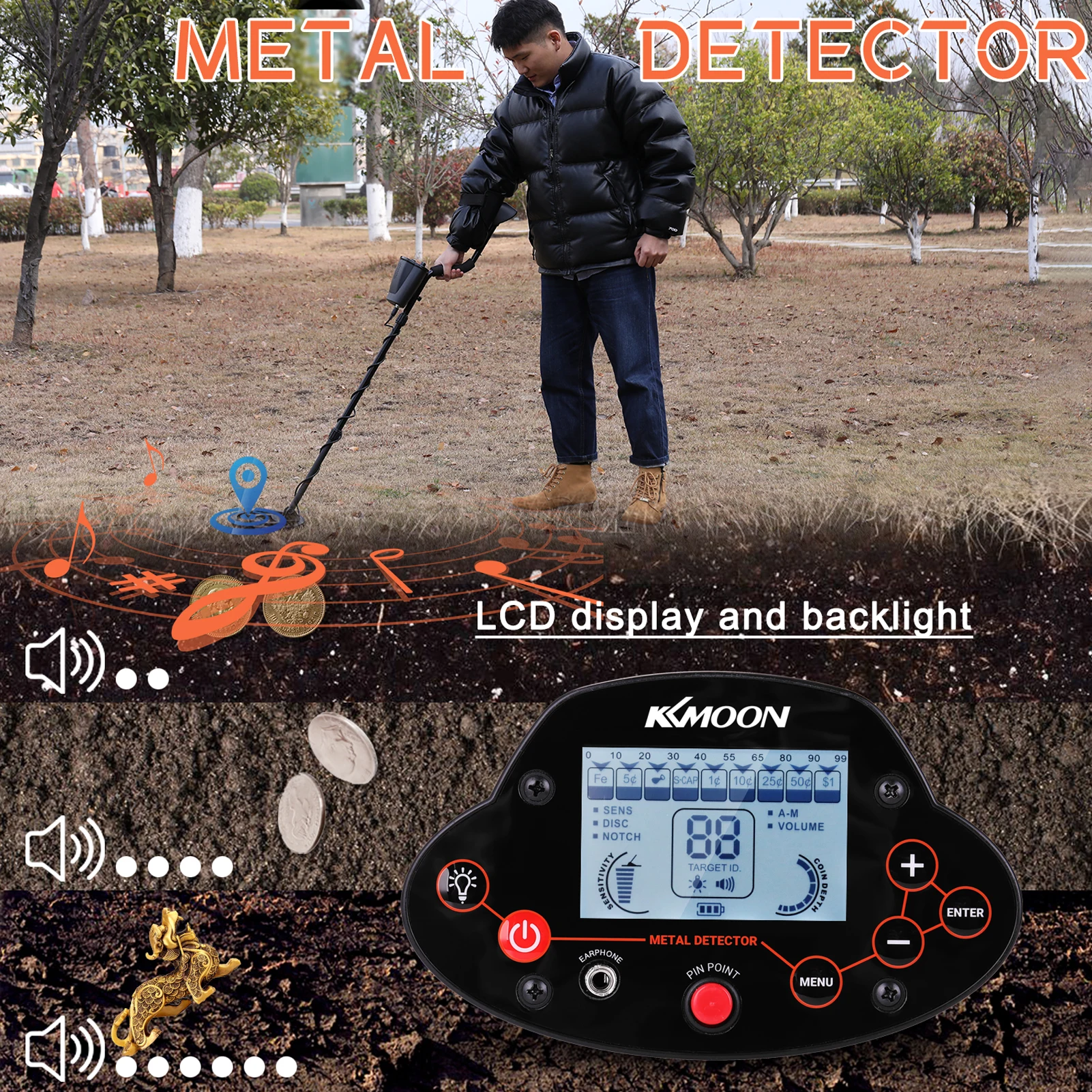 

KKmoon MD-5040 Metal Detector 8.7In Waterproof Search Coil Digital Display Screen Handheld Portable Metal Detector High Accuracy