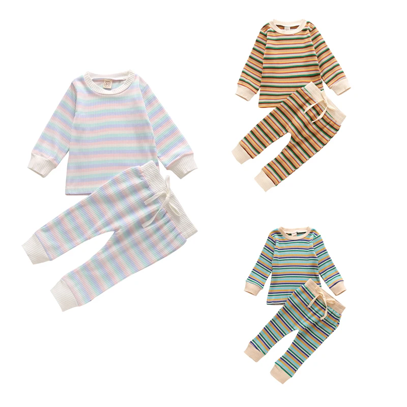 

Трикотажная Одежда для новорожденных девочек и мальчиков, 2 шт., Модный повседневный Полосатый Топ с длинным рукавом + брюки, Детский комплек...