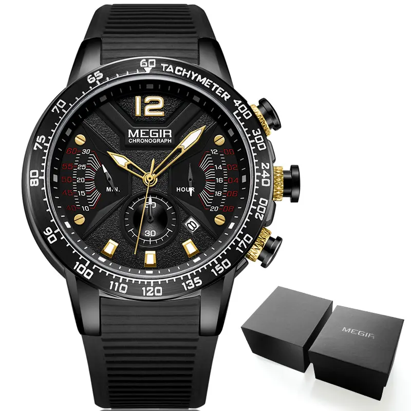 MN2106G-Black MEGIR, спортивные кварцевые часы с хронографом для мужчин, силиконовый ремешок, водонепроницаемые светящиеся наручные часы, мужские часы, 2106 синий цвет - Цвет: MN2106G-Black