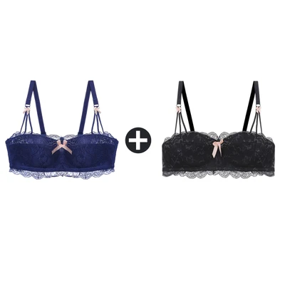 Blue And Black Top 2 шт., бюстгальтеры для женщин, маленькая грудь, беспроводной бюстгальтер, кружевной бесшовный бюстгальтер с эффектом пуш-ап и трусики, набор, половина чашки, сексуальные трусы, нижнее белье - Цвет: Blue And Black Top