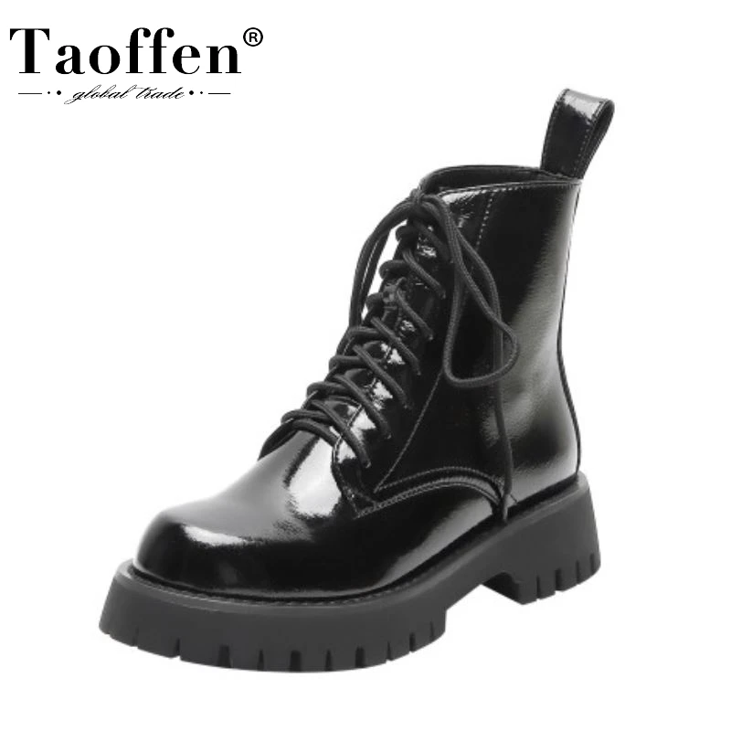 

TAOFFEN Woman Winter Ankle Boots Genuine Leather Thick Bottom Short Boots Women Fashion Cool Women Footwear Size 33-40