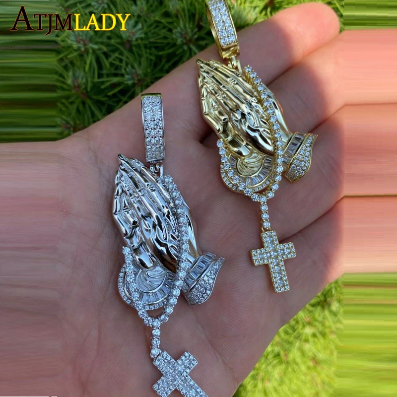 Iced Out Bling 5A Cubic Zirconia Praying Hands Cross Pendant Necklaces For Men Gold Plated Hiphop Tennis Chain Jewelry