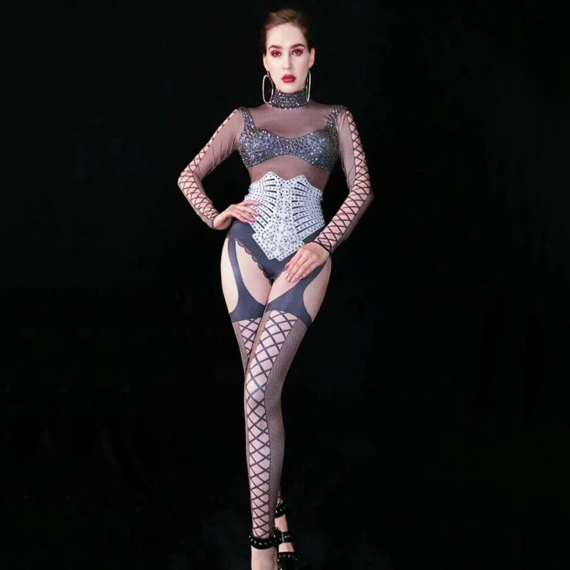 Сексуальное боди стразы стрейч комбинезон для DJ DS ночного клуба женщин Gogo