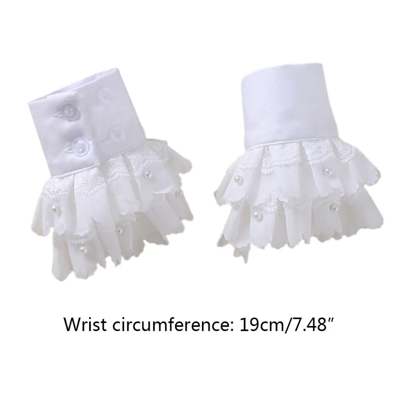 

Ladies Double Layer Detachable Cuffs Chiffon Pleated Ruffles Lace Imitation Pearl Beading Fake Sleeves Sweater Accessory