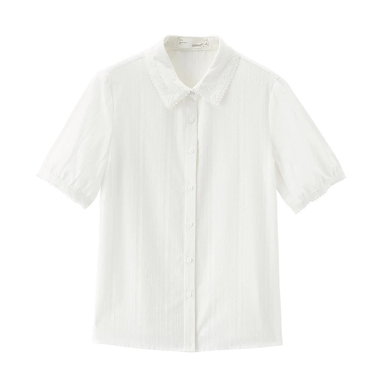 

INMAN Dobby Summer Tops Minimal Design Lace Border Turn Down Collar Elegant Artsy Style Women Lady Summer Blouse