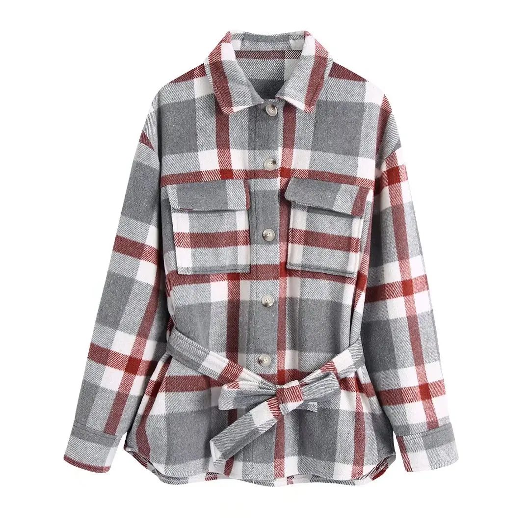 

Women Fashio Autumn Winter Plaid Jacket Coat Belt 2021 Thicken Vintage Shirt Style Pockets Coats Oversized Outerwear Chic Tops