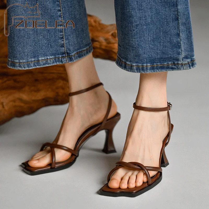 

ZOELEA Retro Women Sandals Open Toe Black Color 2021 Summer New Roman Style Thick High Heels Ankle Strap Elegant Pumps Shoes