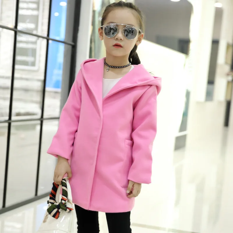 pink Зимняя детская одежда модный однотонный длинный кардиган с капюшоном для девочек; Тренч для девочек; детская одежда из смешанной ткани - Цвет: pink