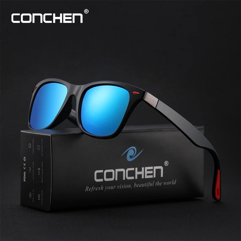 

CONCHEN Polarized Sunglasses For Men Plastic Frame Square Sun Glasses Classic Design Mirror Lens Gafas de sol