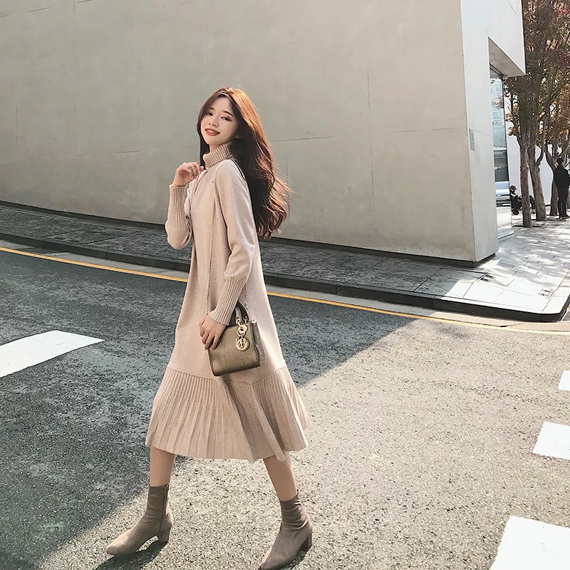 Woolen Skirt 2020 New Pleated Turtleneck Knitted Mid-Length Jersey Dress Women women sweater womens knitted | Женская одежда