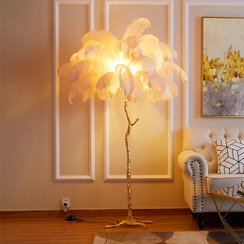 

New Fashion Ostrich Feather Floor Lamp for Living Room Indoor Decor Luminaire American LED Copper Resin Tripot Standing Lamps