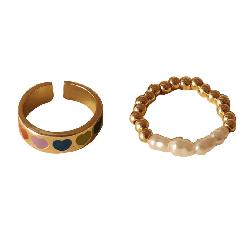 

Sweet Loving Heart Contrast Color Dripping Oil Ring Irregular Pearl Ring Ins Style Two-piece Set Index Finger Rings for Women