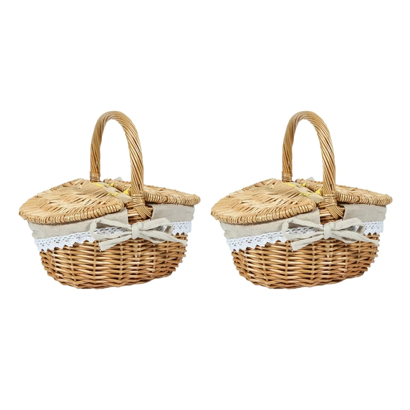 

2X Handmade Wicker Basket With Handle, Wicker Camping Picnic Basket With Double Lids With Cloth Lining