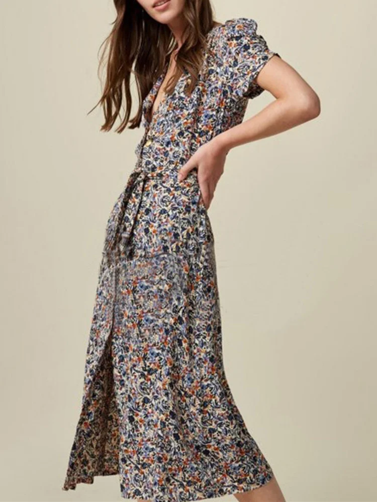 

Женское однобортное платье-миди с цветочным принтом, V-образным вырезом и коротким рукавом-фонариком