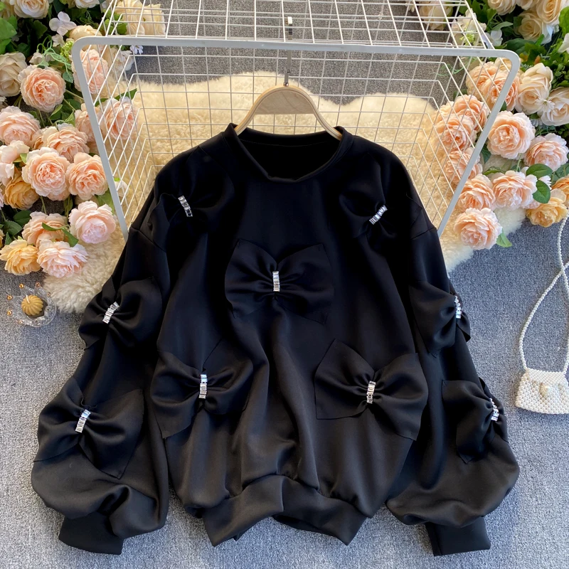 

Fashion 2021 New Korean Diamonds Bowknot Pullover Sweatshirt Causal Long Sleeve O-neck Hoodies Spring New Sweet Women Jumper