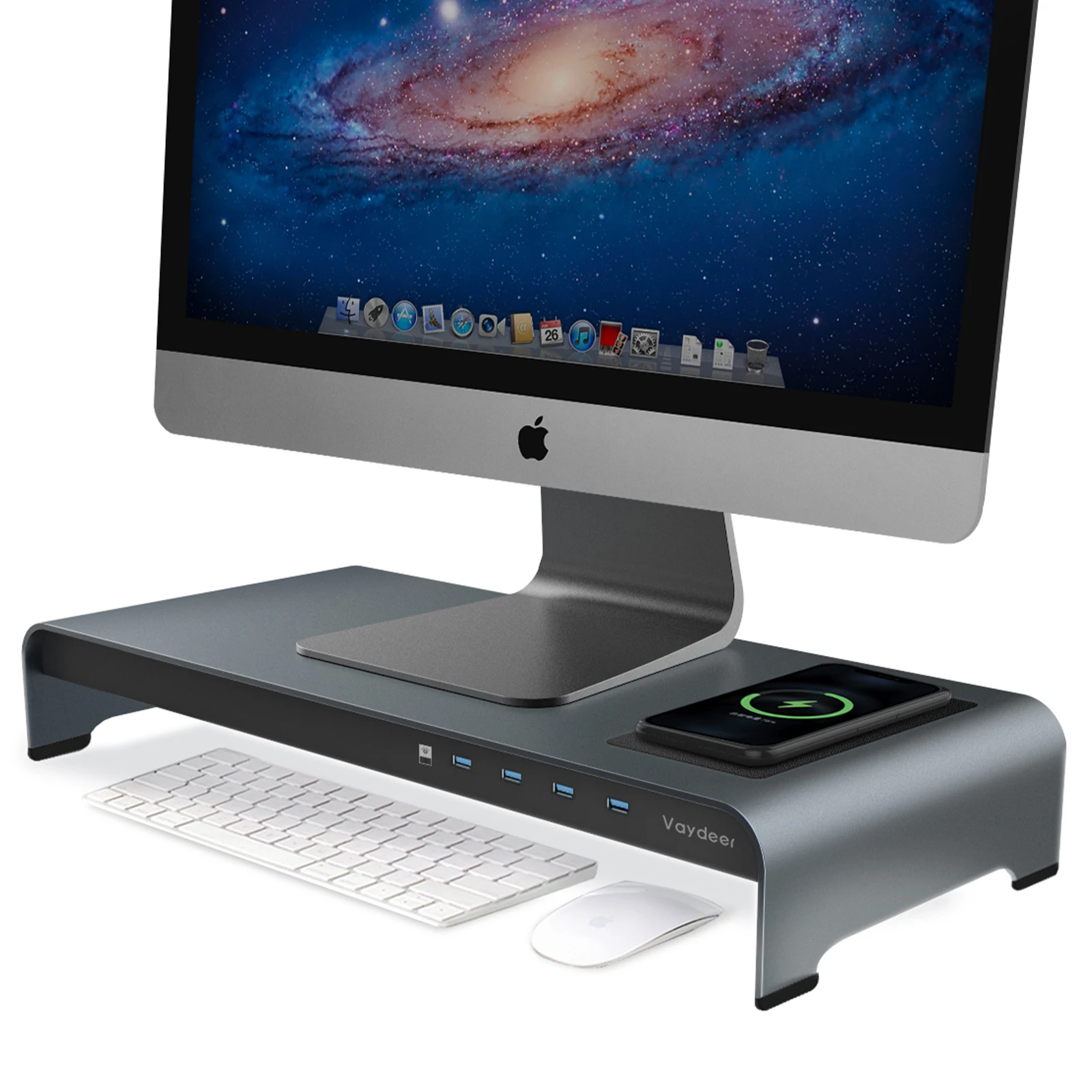 

Aluminum Monitor Stand Wireless Charging Riser 4 USB Ports Desk Organizer for Computer PC and laptops