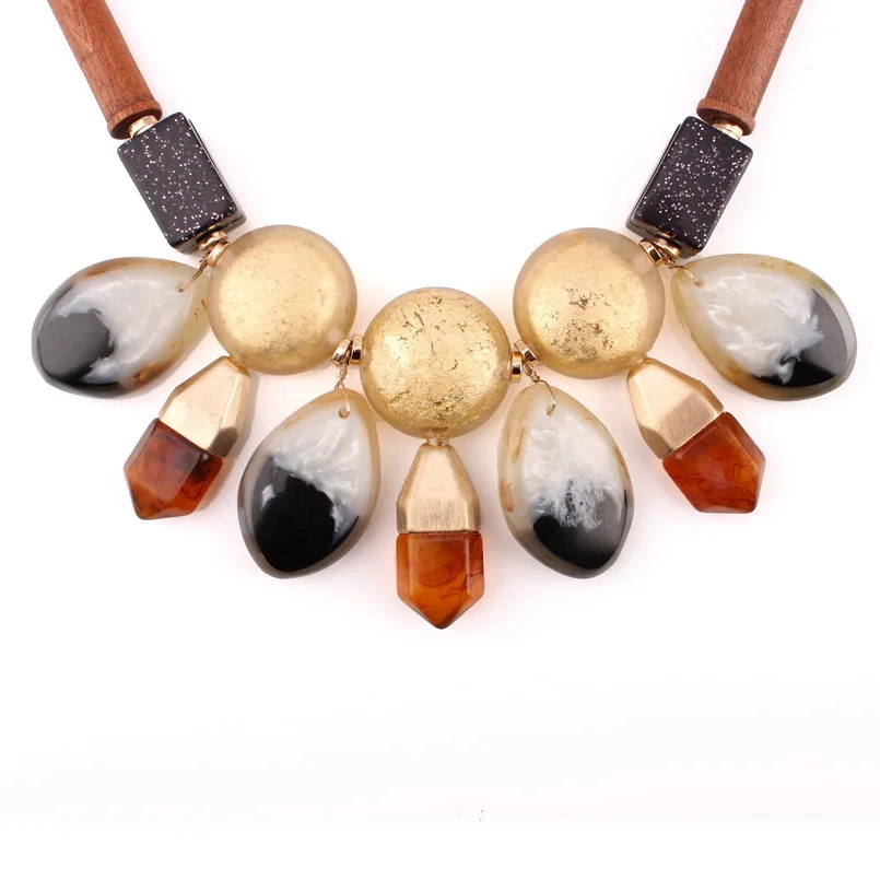 Gold Color Chain Big Chunky Necklace For Women Florosy Brand Jewelry Wood Resin Material Statement Pendant | Украшения и