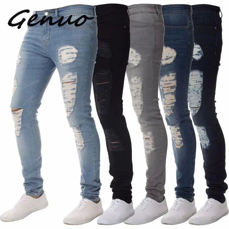 

Genuo New Mens Casual Skinny Jeans Pants Men Solid black ripped jeans men Ripped Beggar Jeans With Knee Hole For Youth Men