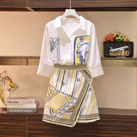 high quality new womens 2 pieces sets single breasted short sleeve shirtirregular tassels skirt suit summer female clothes set