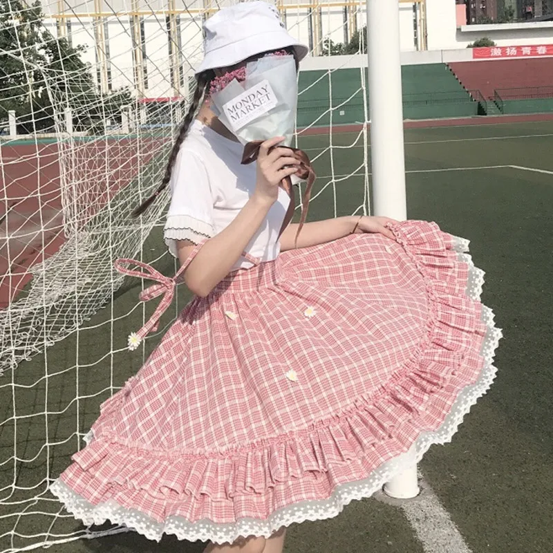 Kawaii Лолита юбка японский стиль 90 подростков мягкая Сестра Дейзи аппликации кружева лоскутное рюшами Сарафан в клетку юбки
