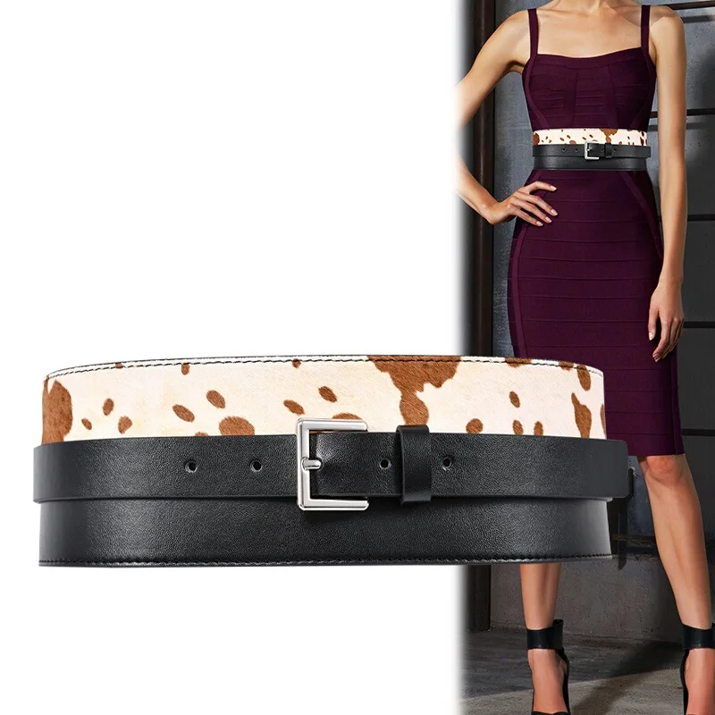 H3500 женский широкий пояс из конского меха с леопардовым принтом натуральной кожи