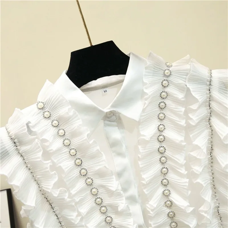 CHICEVER Повседневная шифоновая Лоскутная Женская рубашка с оборками и отворотом