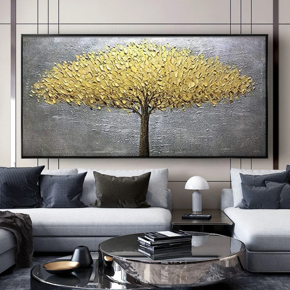 Nordic Fashion Home Decoration Painting Hand-painted Beautiful Oil Yellow 3D Textured Leaves A Big Tree Salon Mural art