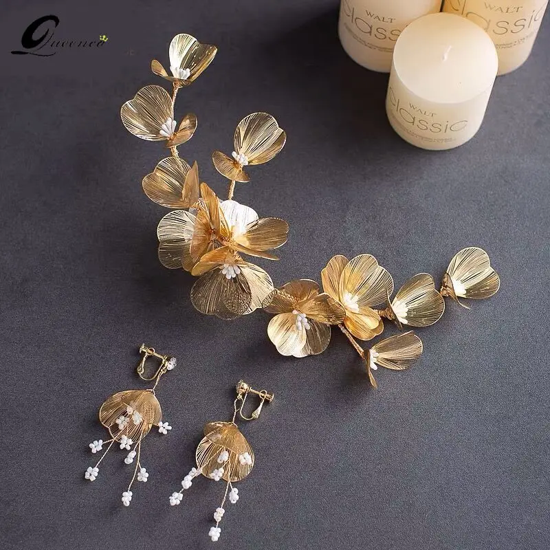

2021 Vintage Gold Flower Hair Accessories Butterfly Headband With Earrings Haar Jewellery Tiara Pearl Headpiece Headdress