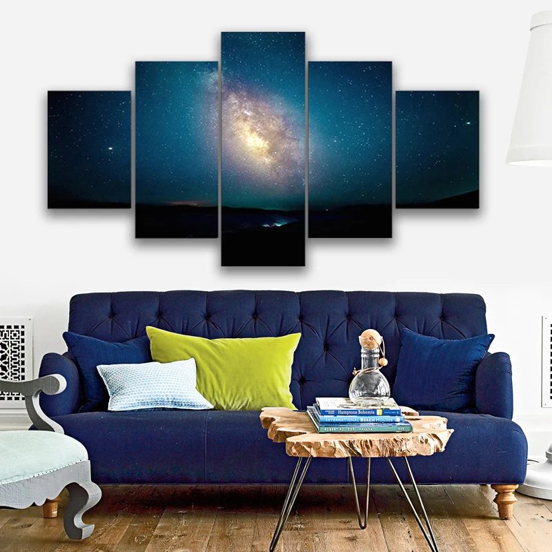 

5 Pieces Wall Art Canvas Painting Landscape Poster Blue Night Starry Sky Modern Living Room Bedroom Home Pictures Decoration