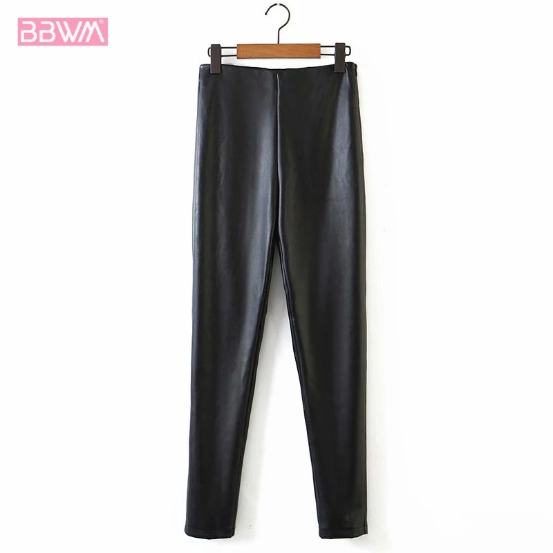 

Fashion High Waist Stretch PU Pencil Faux Leather Casual Women's Pants Black Windproof Chic Female Pants